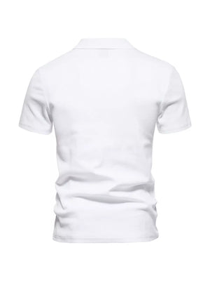 Men's white cotton blend casual polo shirt with notched collar and short sleeves.