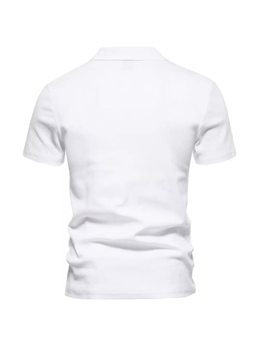 Men's white cotton blend casual polo shirt with notched collar and short sleeves.