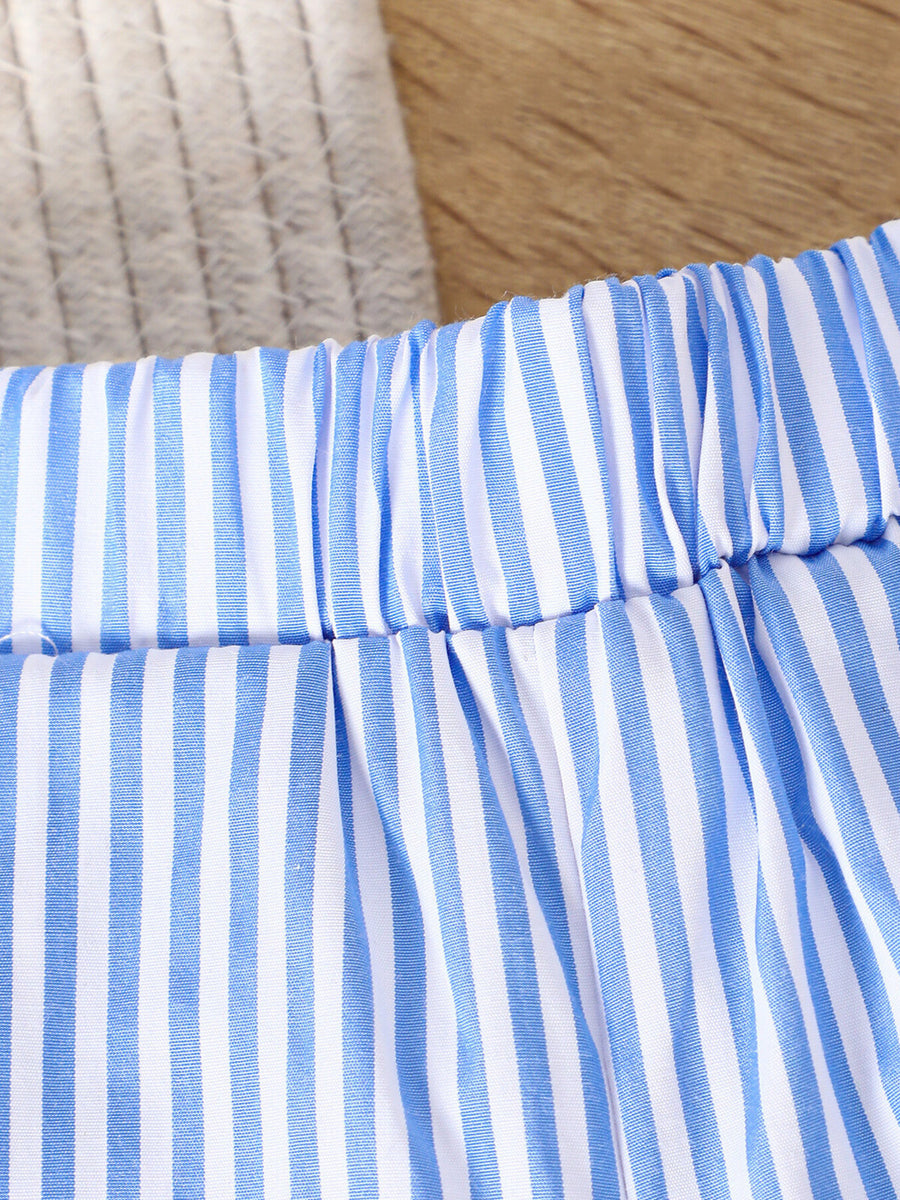 Baby shorts with blue and white vertical stripes and elastic waistband