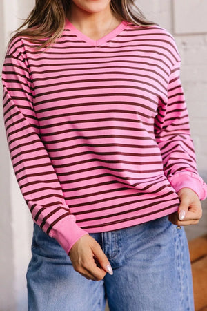 Stripe V Neck Drop Shoulder Long Sleeve Shirt