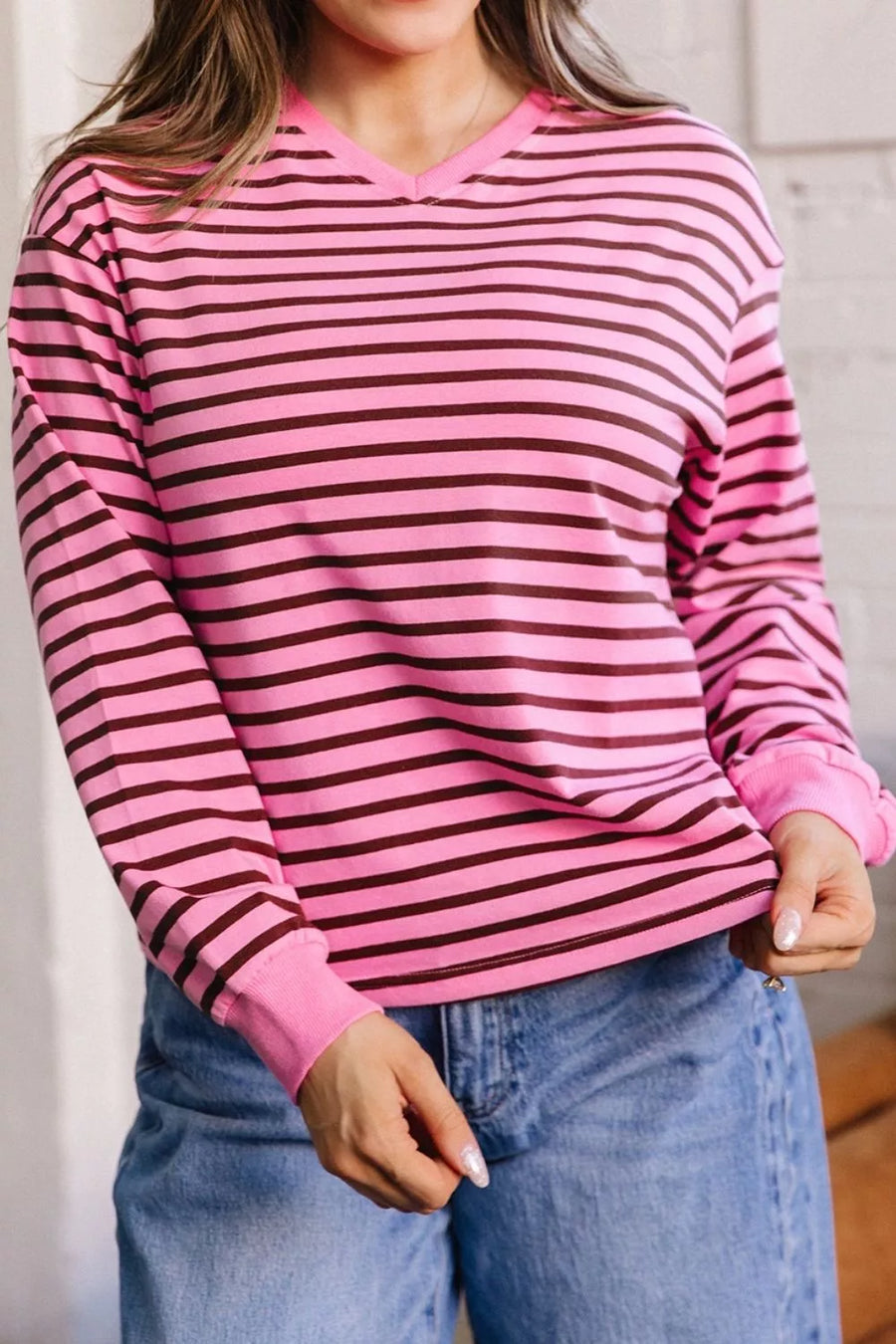 Stripe V Neck Drop Shoulder Long Sleeve Shirt