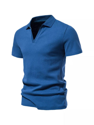 Blue cotton blend men's casual polo shirt with notched collar and short sleeves.