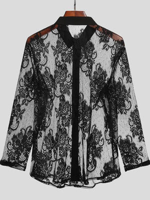 Black sheer floral embroidered button-down shirt with lace detailing