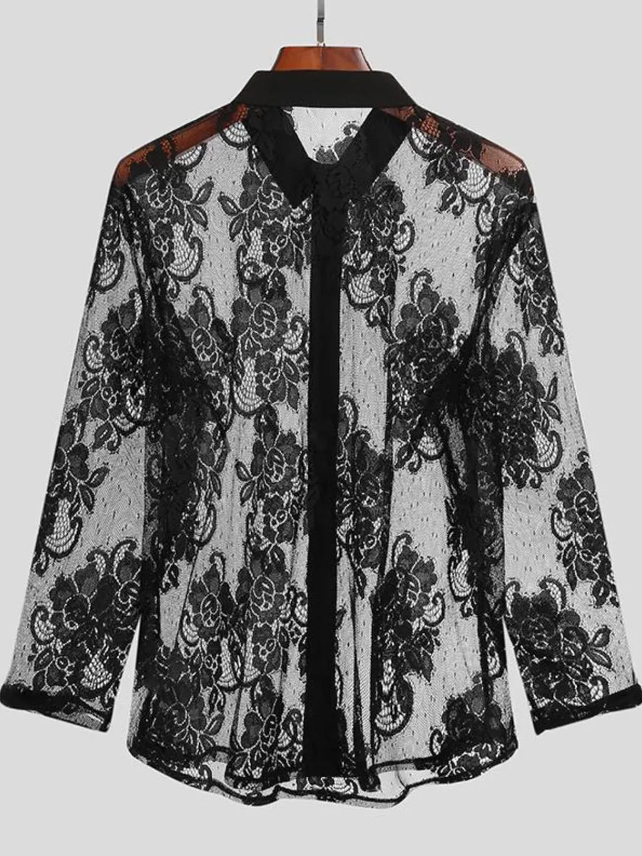 Black sheer floral embroidered button-down shirt with lace detailing