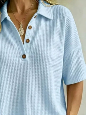 Light Yellow Full Size Waffle Knit Polo Top Plus Size