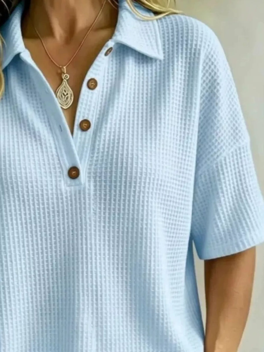 Light Yellow Full Size Waffle Knit Polo Top Plus Size