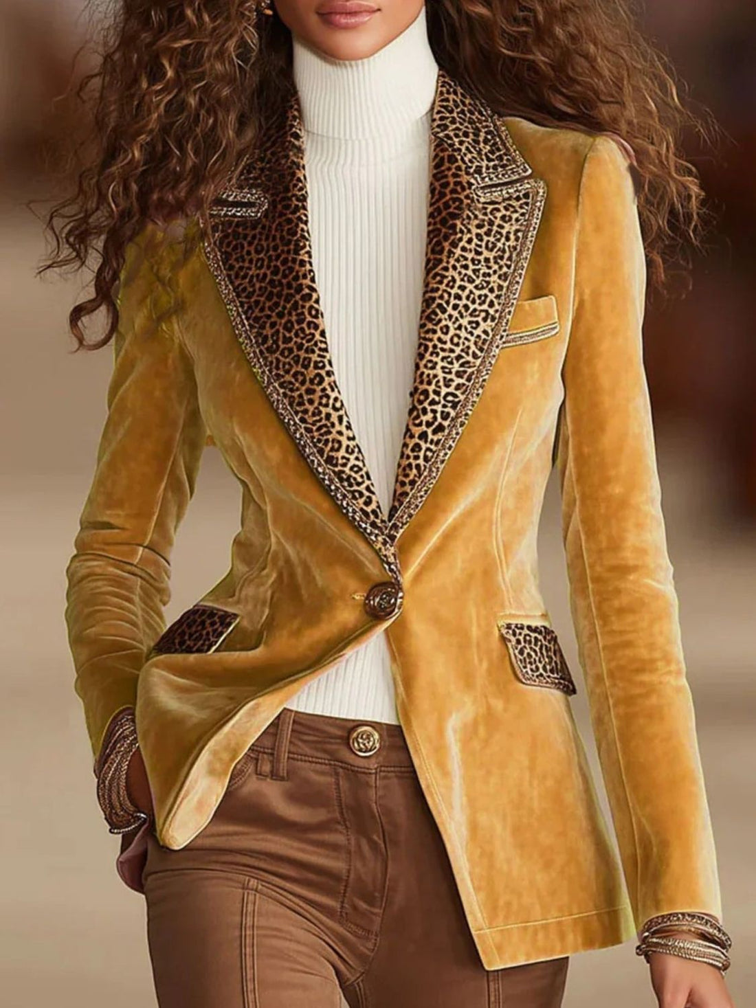 Yellow blazer with hip-length and button-front