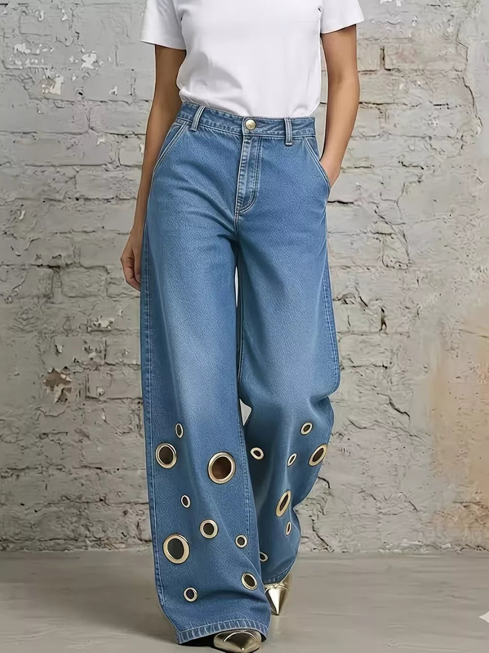 dark blue wide-leg jeans with full-length and button-front, zip-front