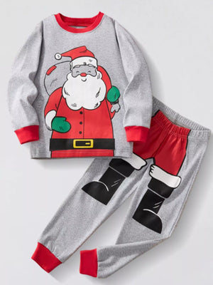 Light Gray Santa print cotton pajama set with red cuffs and neckline.