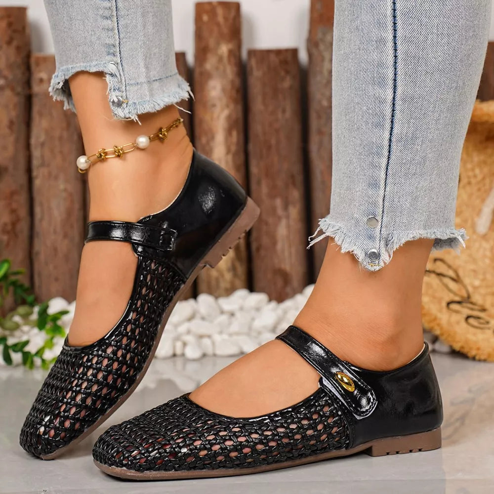 white flats featuring square toe and woven