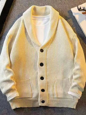 Beige ribbed knit cardigan with shawl collar and button front, featuring patch pockets.