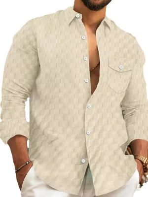 Textured cotton button-up shirt in Khaki with a subtle checkered pattern and two chest pockets.
