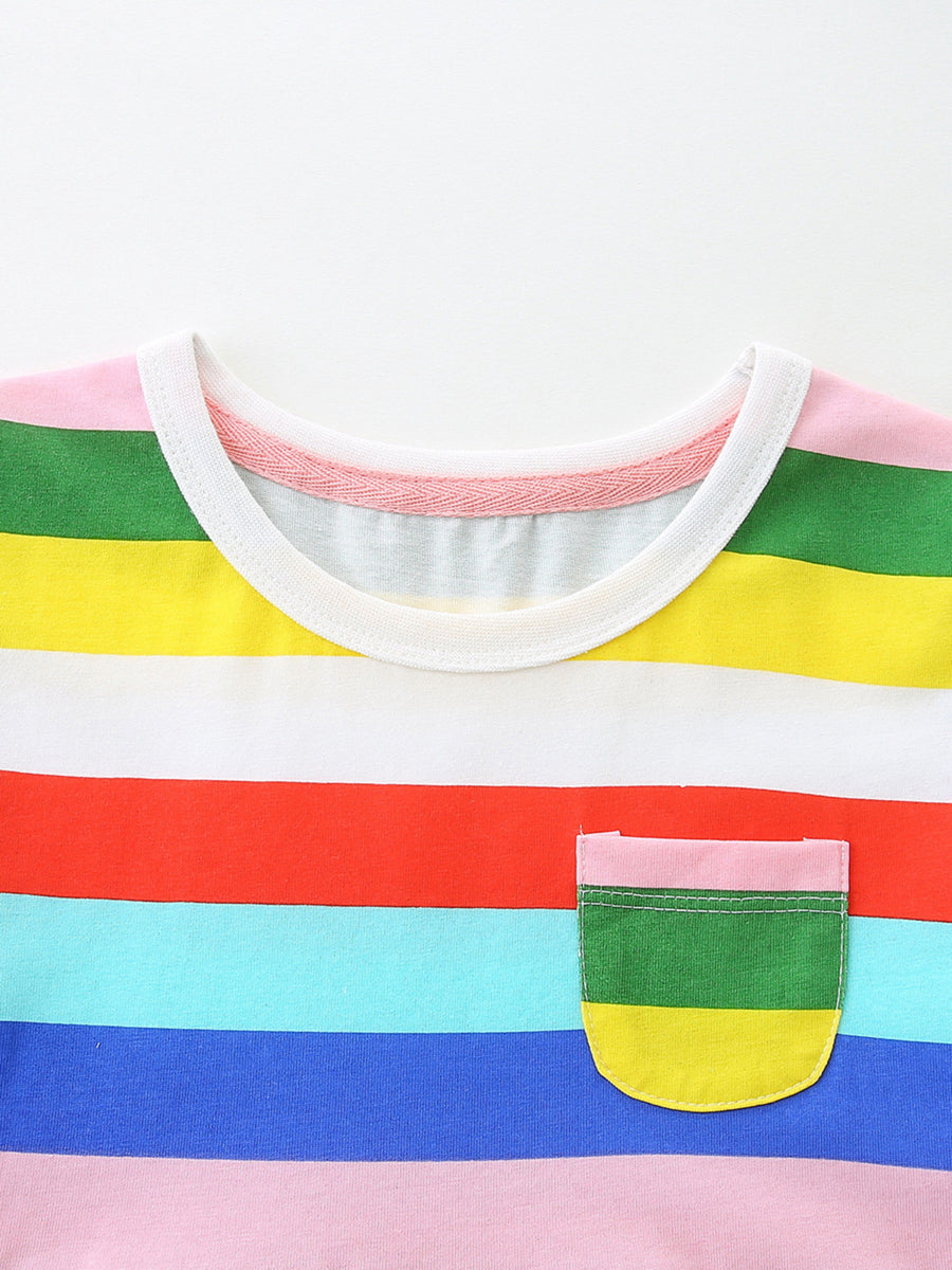 Toddler rainbow striped cotton dress with a contrast pocket detail.