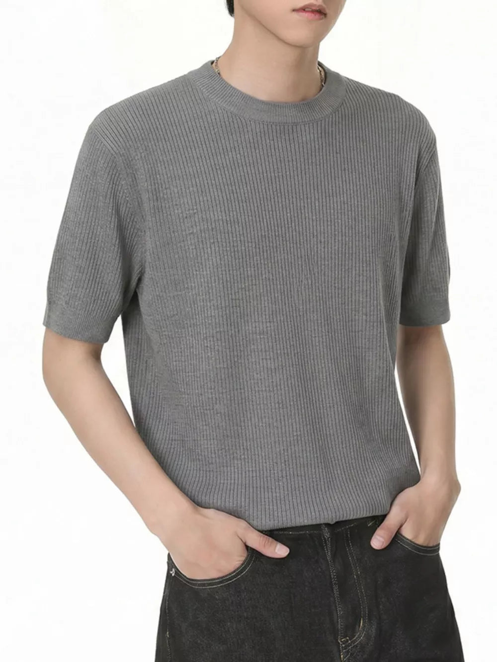 Men's Ribbed Knit Short Sleeve T-shirt in White with ribbed
