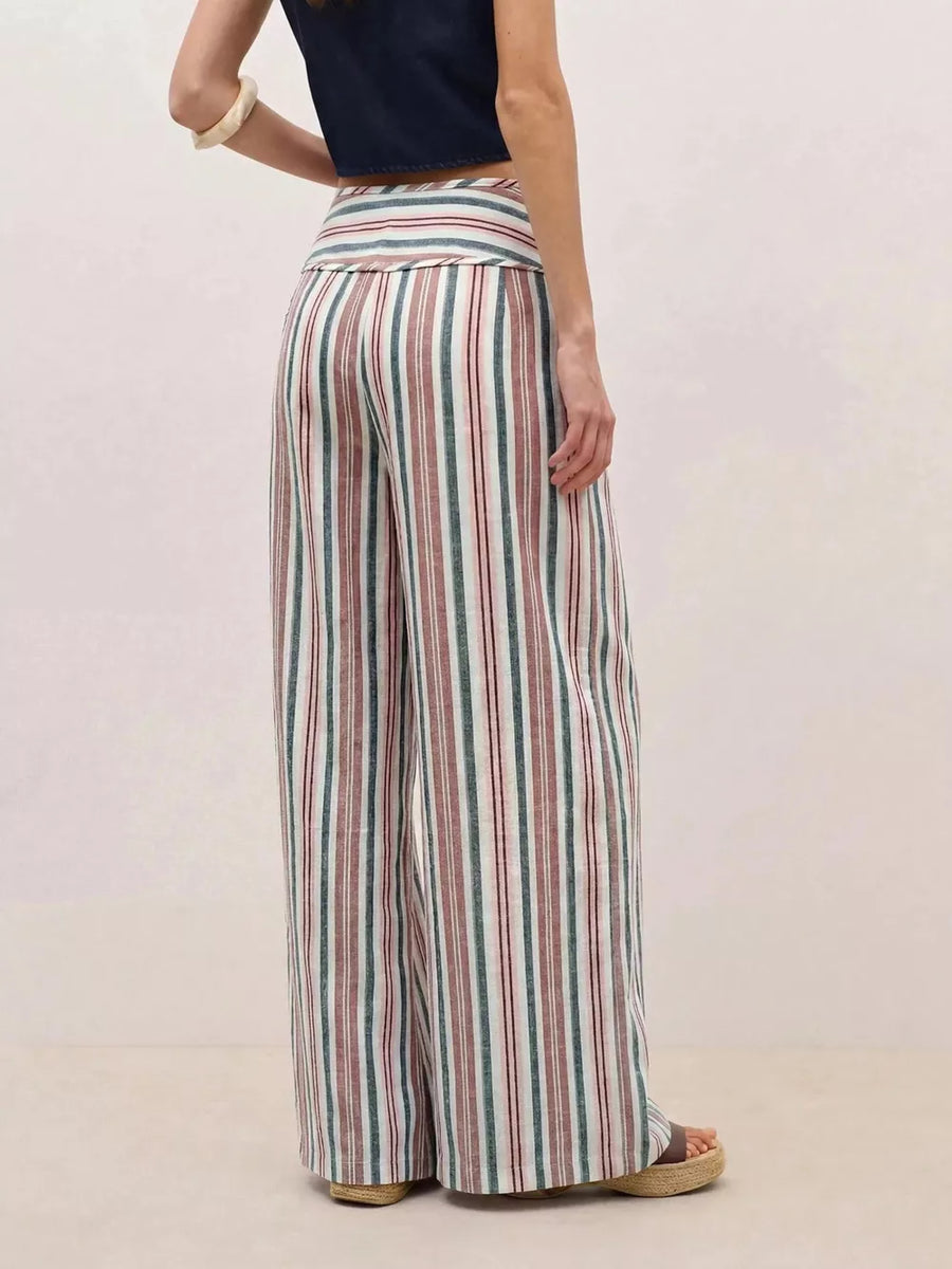 Striped Wide-leg Pants With Tie Waist in Brown
