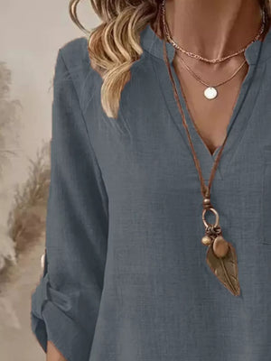 Casual V-neck Roll-sleeve T-shirt With Pocket in Khaki