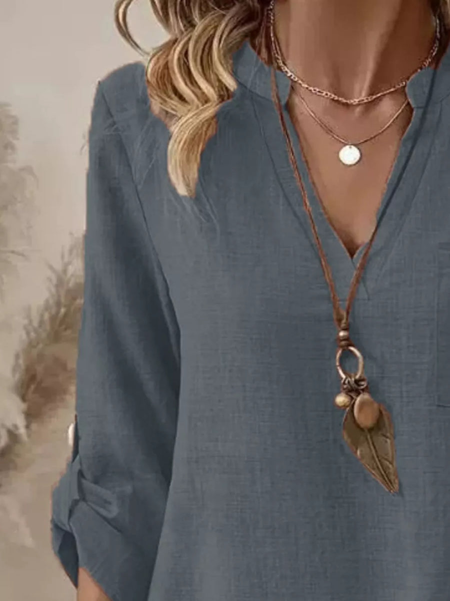 Casual V-neck Roll-sleeve T-shirt With Pocket in Khaki