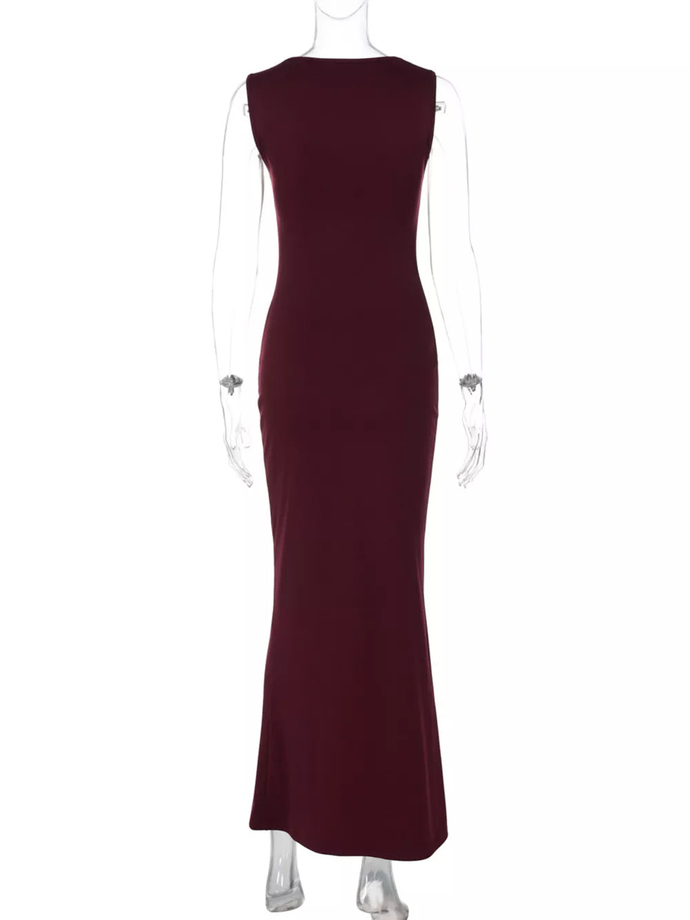 Wine red sleeveless bodycon maxi dress with square neckline.