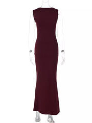 Wine red sleeveless bodycon maxi dress with square neckline.