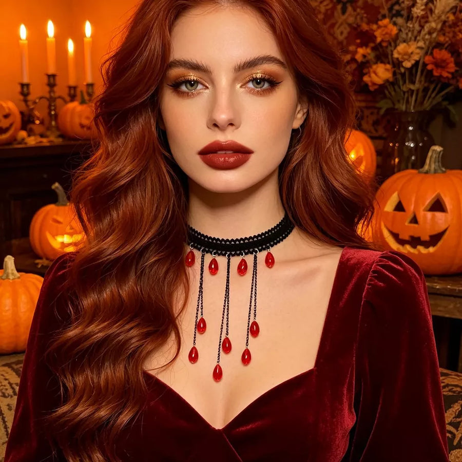 Gothic Lace Choker Necklace With Teardrop Charms in Burgundy with lace trim