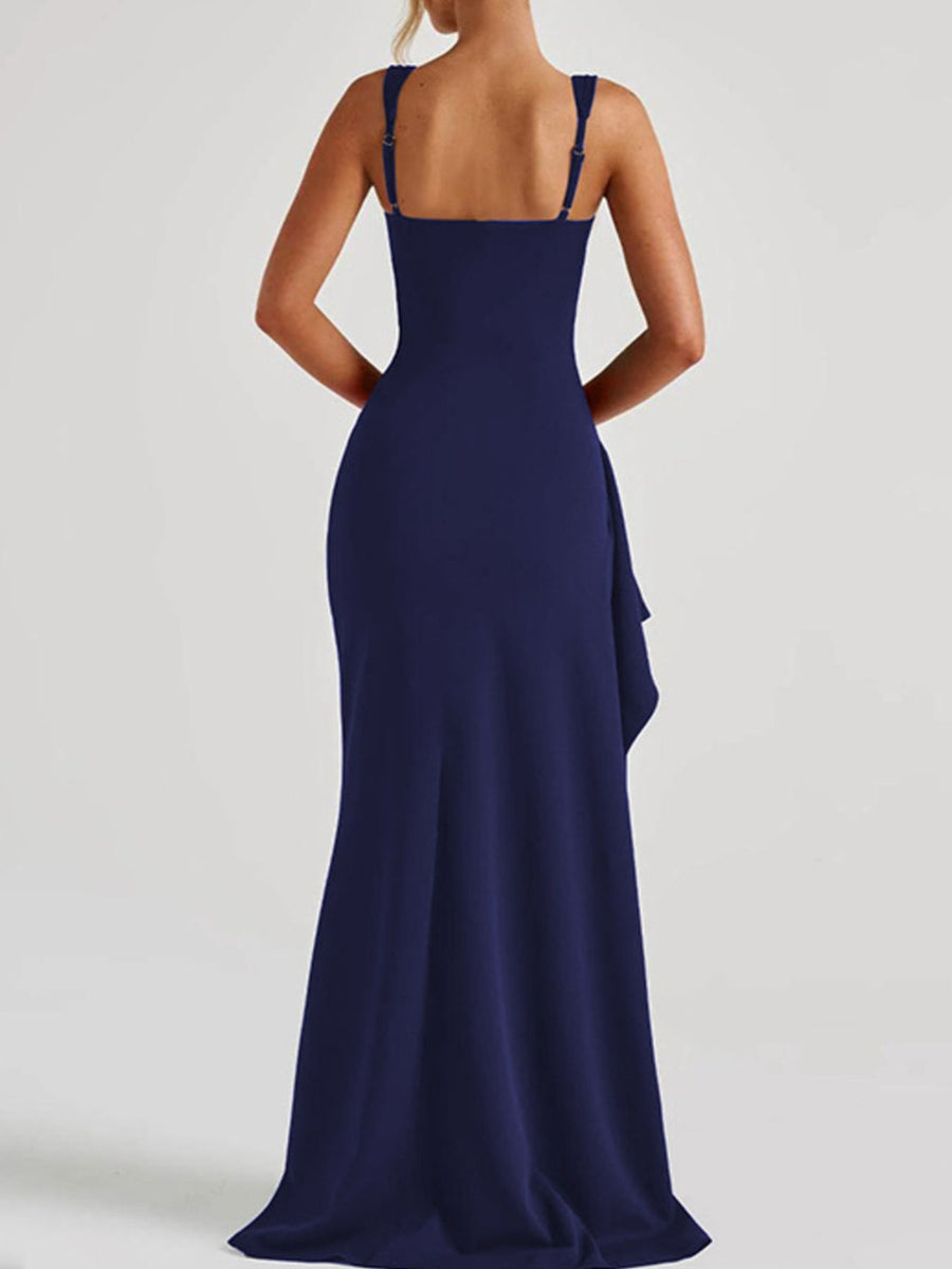Slit Square Neck Maxi Dress in Brown with ruched