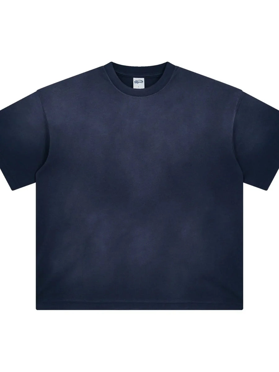 Oversized washed tee in navy with a relaxed fit and crew neckline.