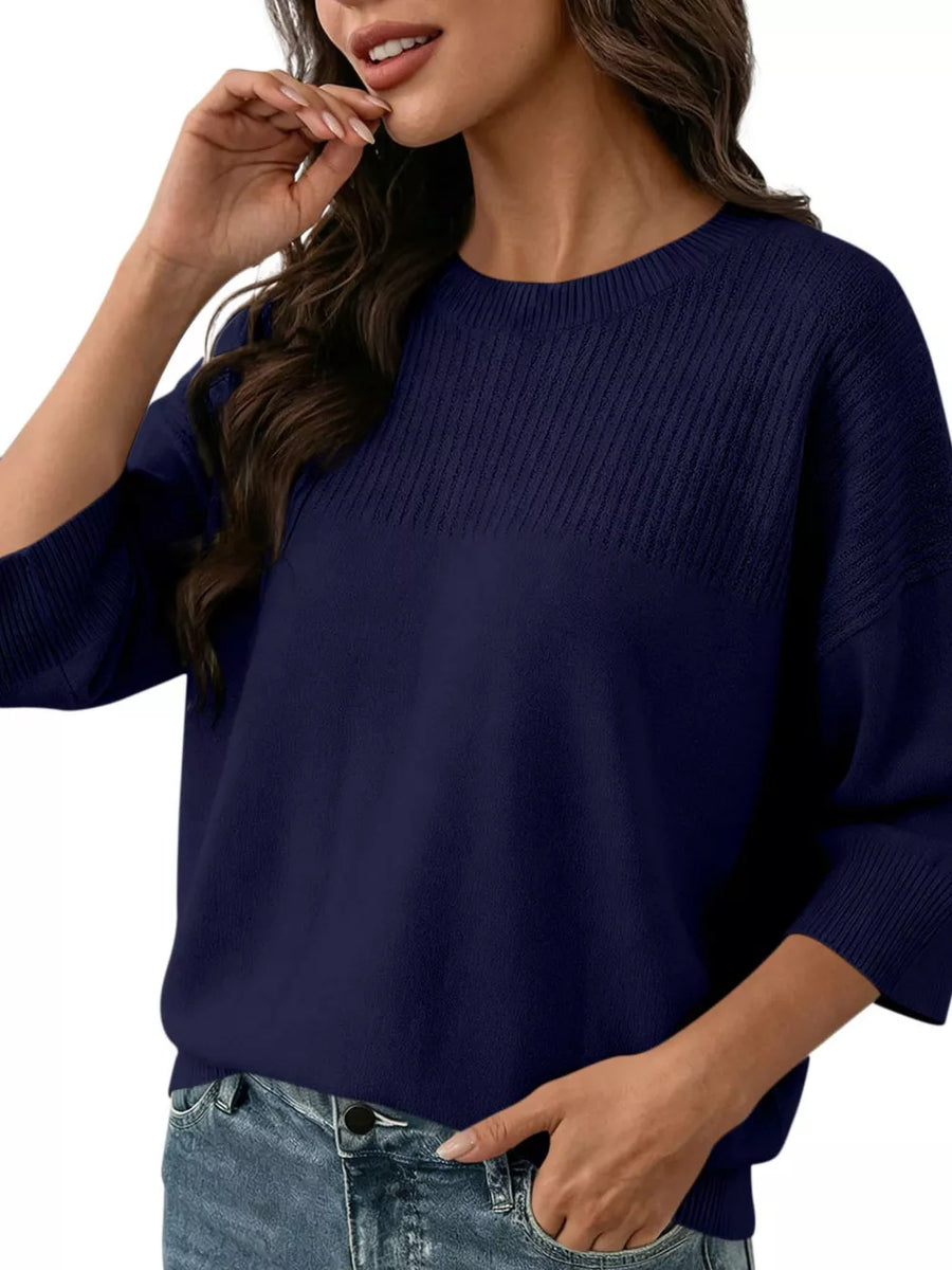 Green Elegant Crew Neck Eyelet Ribbed Sweater