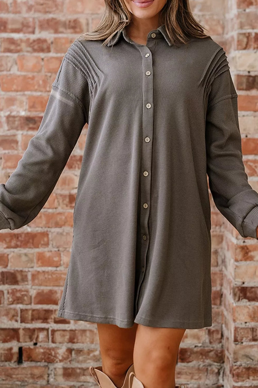 Dark Gray with Casual Button-down Dress With Pockets in Dark Gray