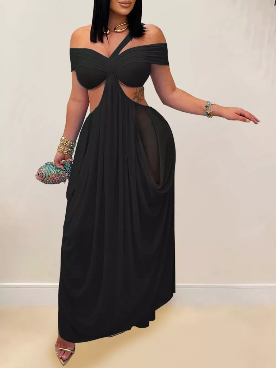 Dark Gray Cutout Off Shoulder Ruched Maxi Dress