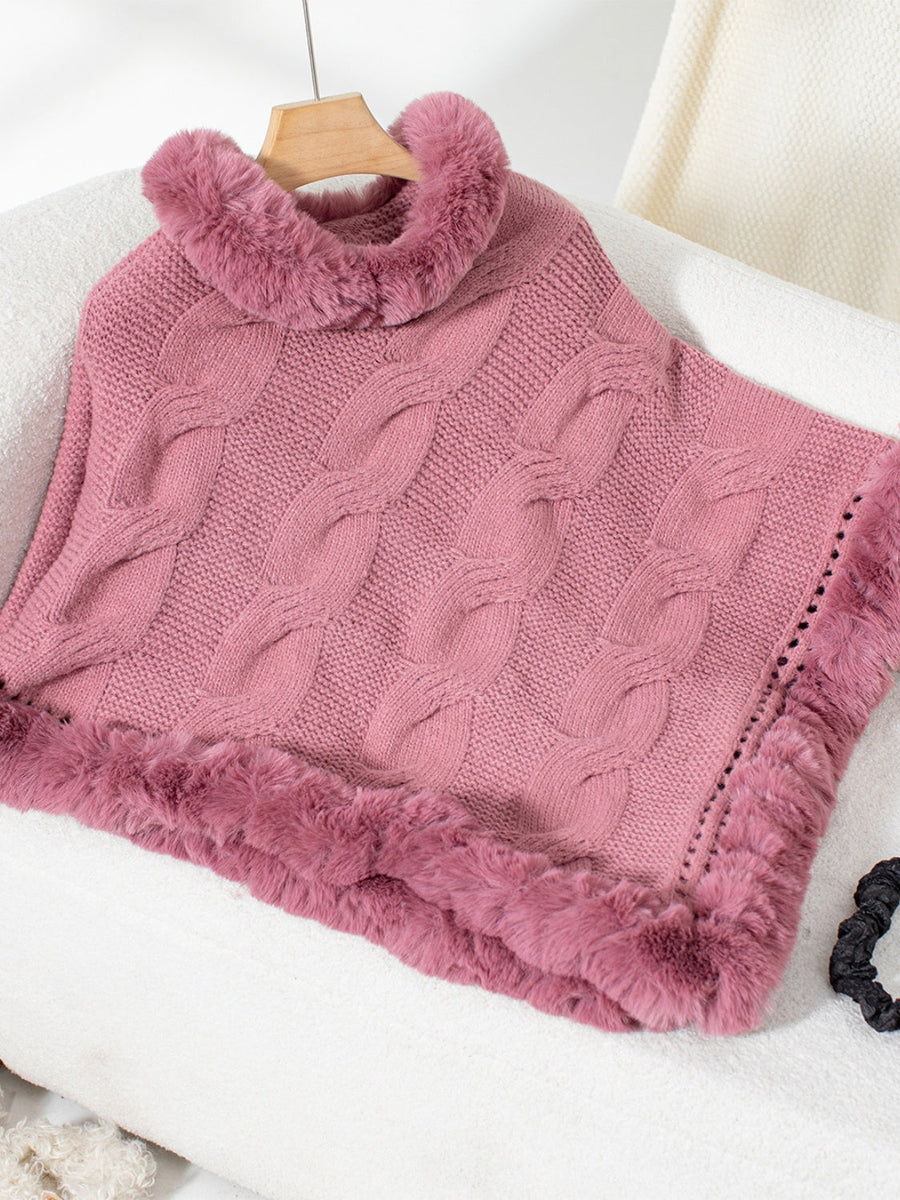 Dusty Pink cable knit poncho with faux fur trim and cowl neck.