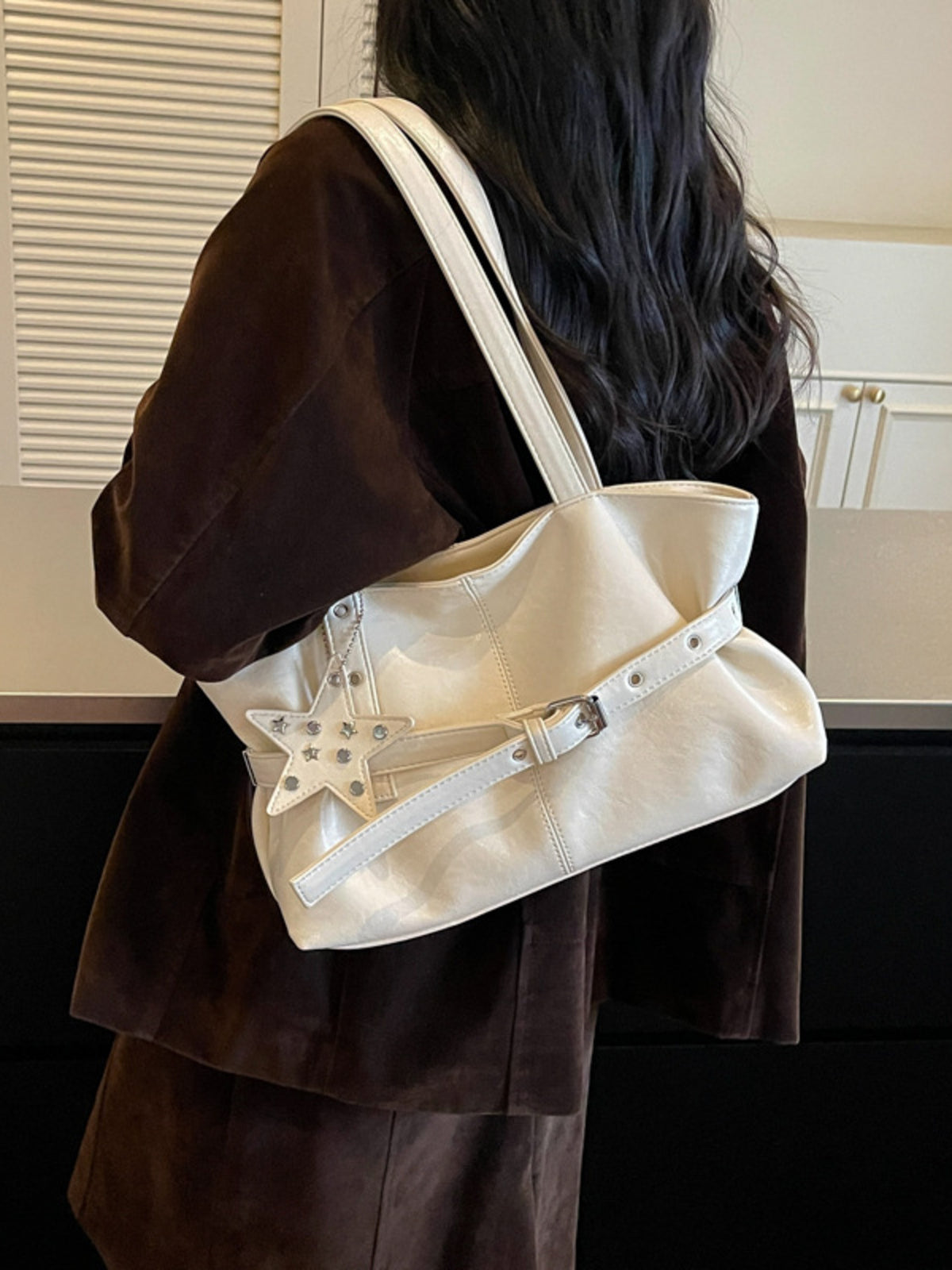 PU Leather Imported Size &amp shoulder bag in Black with relaxed silhouette