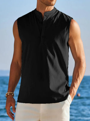 Black sleeveless mandarin collar shirt with button placket and pleat detail.