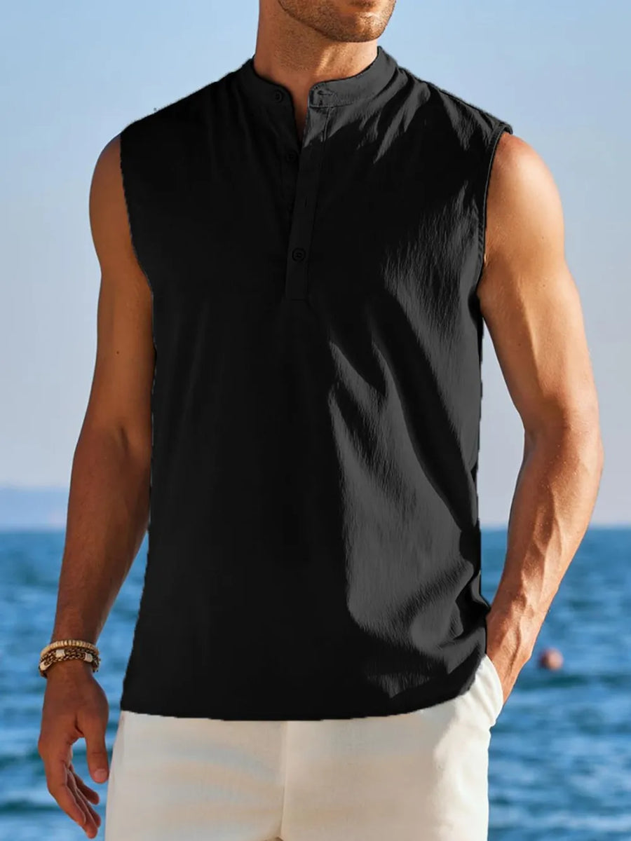 Black sleeveless mandarin collar shirt with button placket and pleat detail.