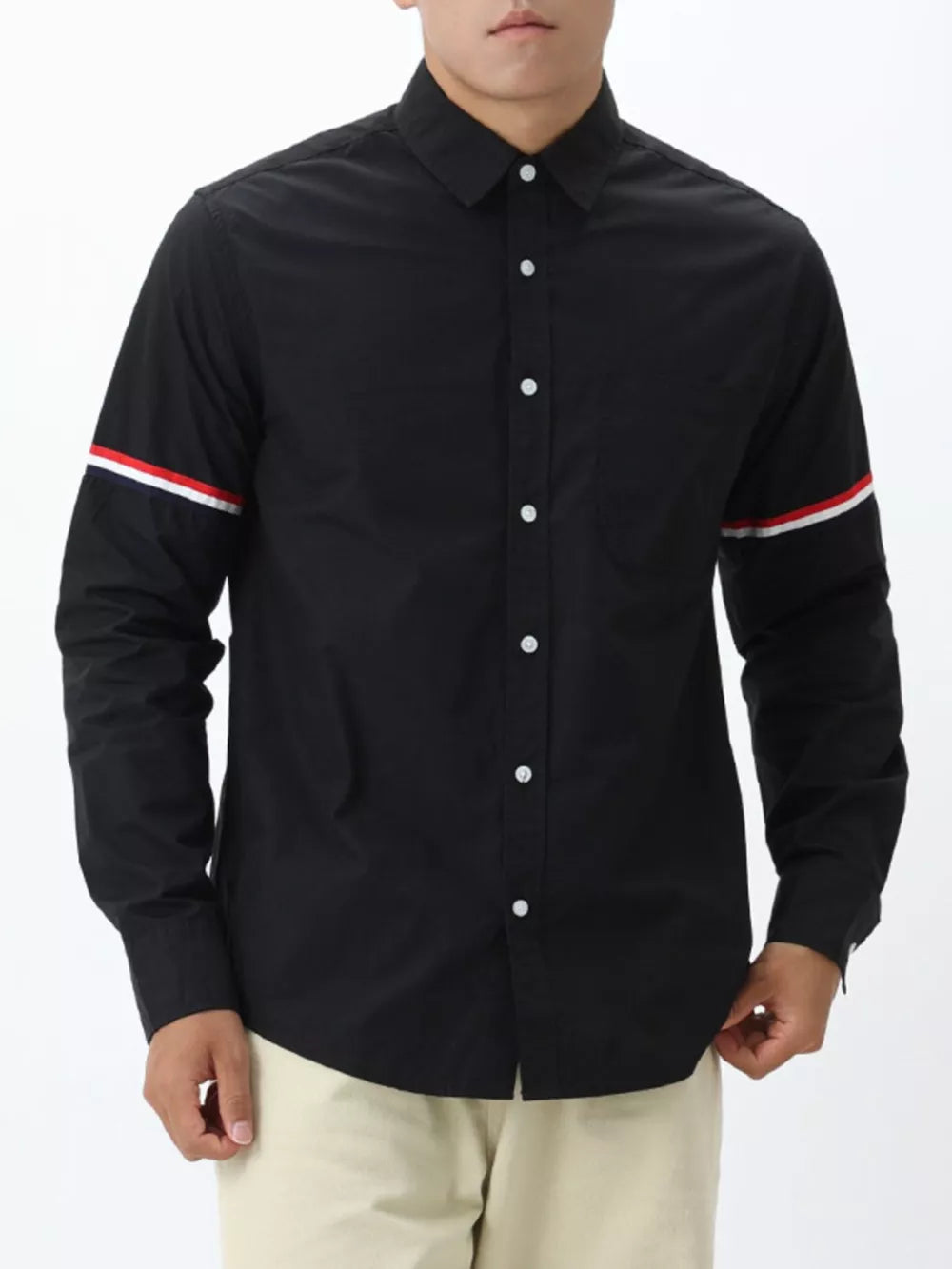 khaki button-down shirt with hip-length and button-front