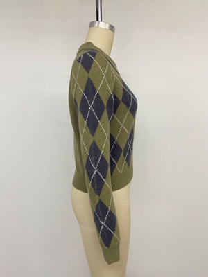 ivory pullover sweater with half-button and argyle