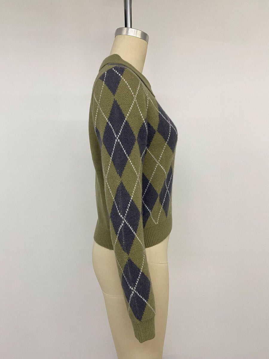 ivory pullover sweater with half-button and argyle