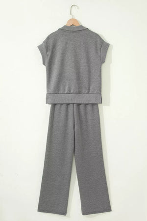 Chic dark gray half-zip polo top and wide-leg pants set