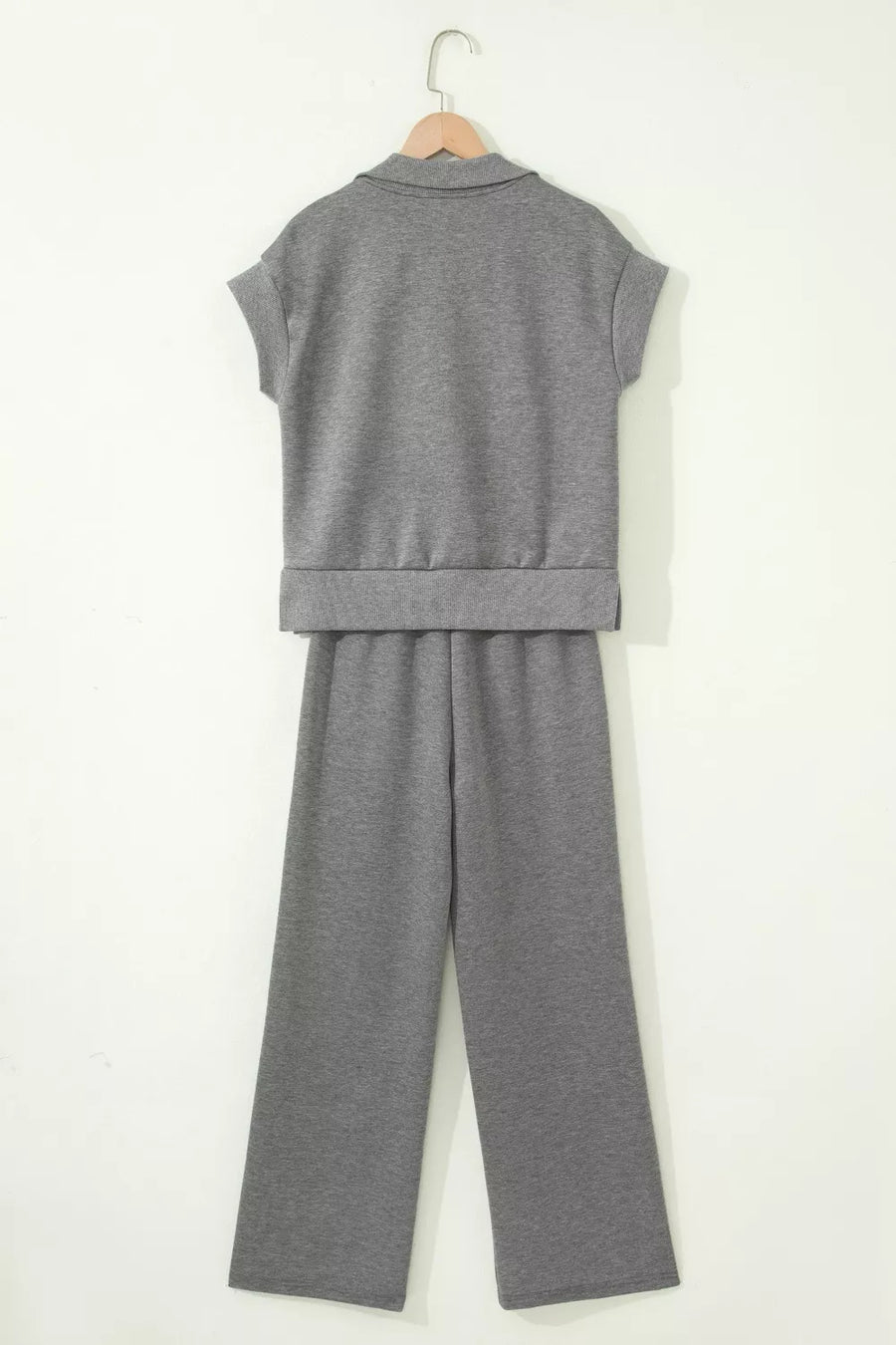 Chic dark gray half-zip polo top and wide-leg pants set