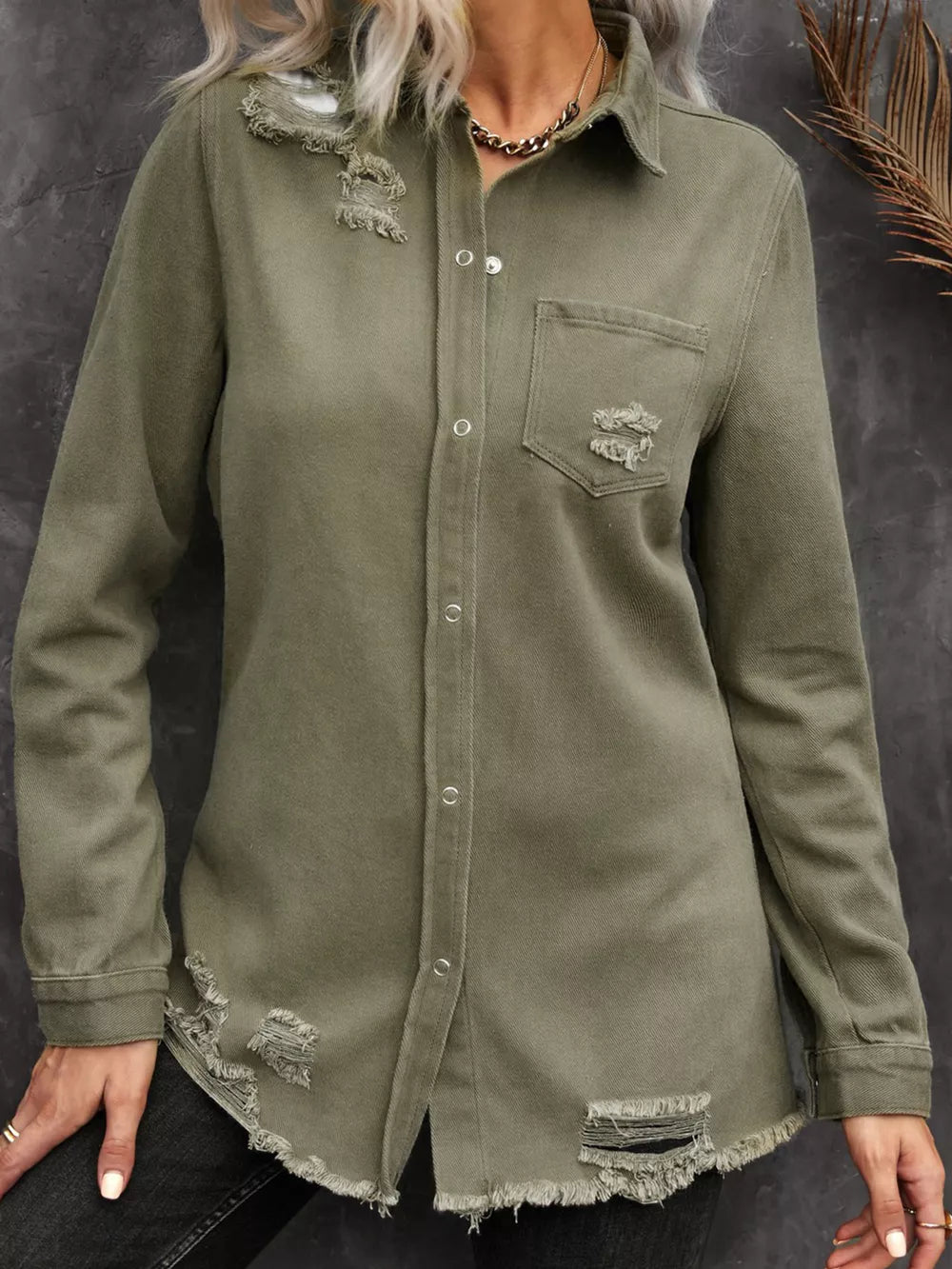 Army Green denim jacket with hip-length and button-front