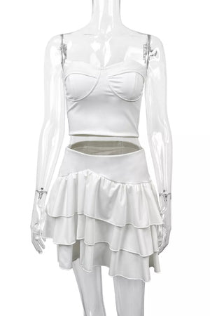White bustier crop top and tiered ruffle mini skirt set