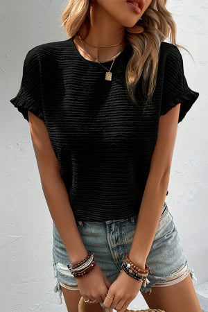Black textured ribbed cap sleeve blouse with ruffled cuffs