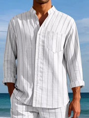 White linen-blend striped button-up shirt with band collar and chest pocket.