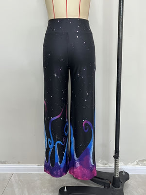 flare pants featuring galaxy-print in blue with 95% polyester, 5% spandex Care instructions: Machine wash cold texture
