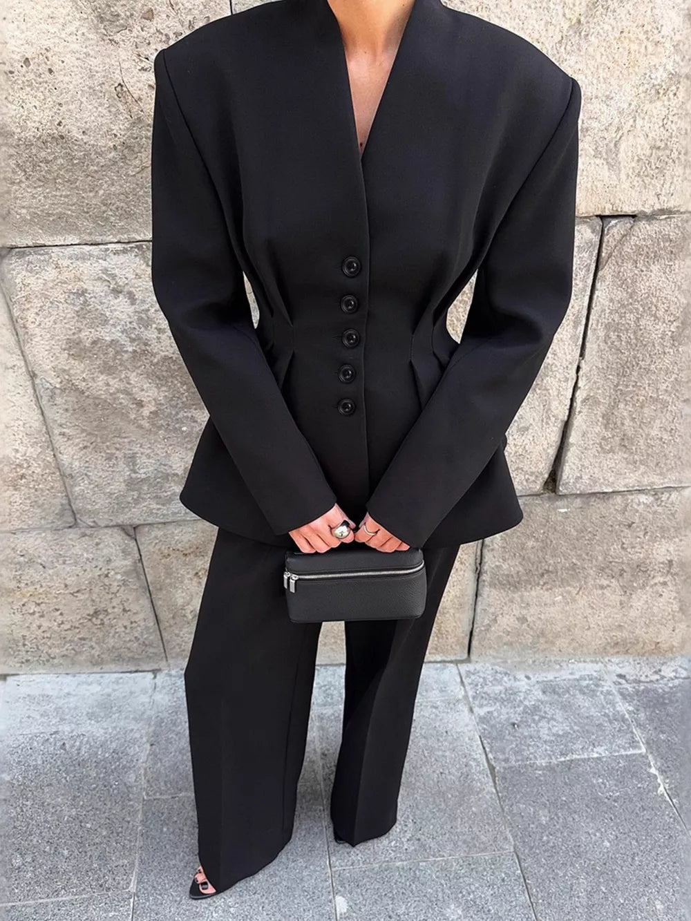 Black with Button Down Pleated Blazer And Wide-leg Pants Set in Black