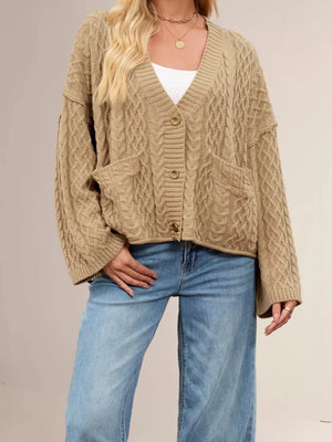 Khaki Color cardigan featuring cable-knit and cable knit