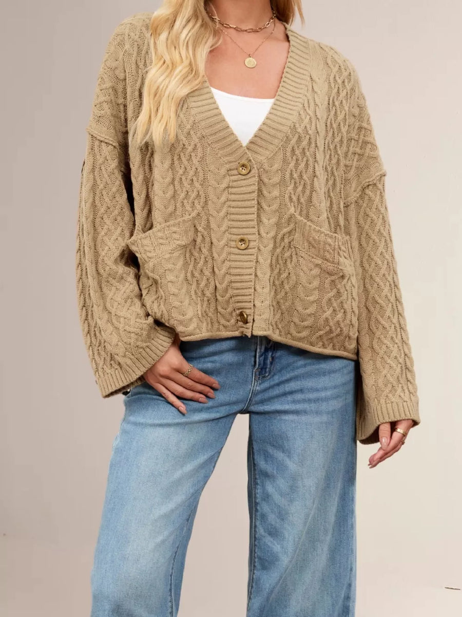 Khaki Color cardigan featuring cable-knit and cable knit