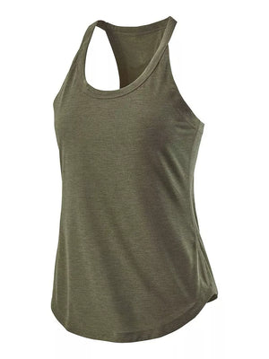 Olive green heathered racerback tank top with curved hem