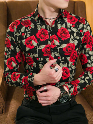 Black floral print cotton blend button-down shirt with red roses and green leaves.