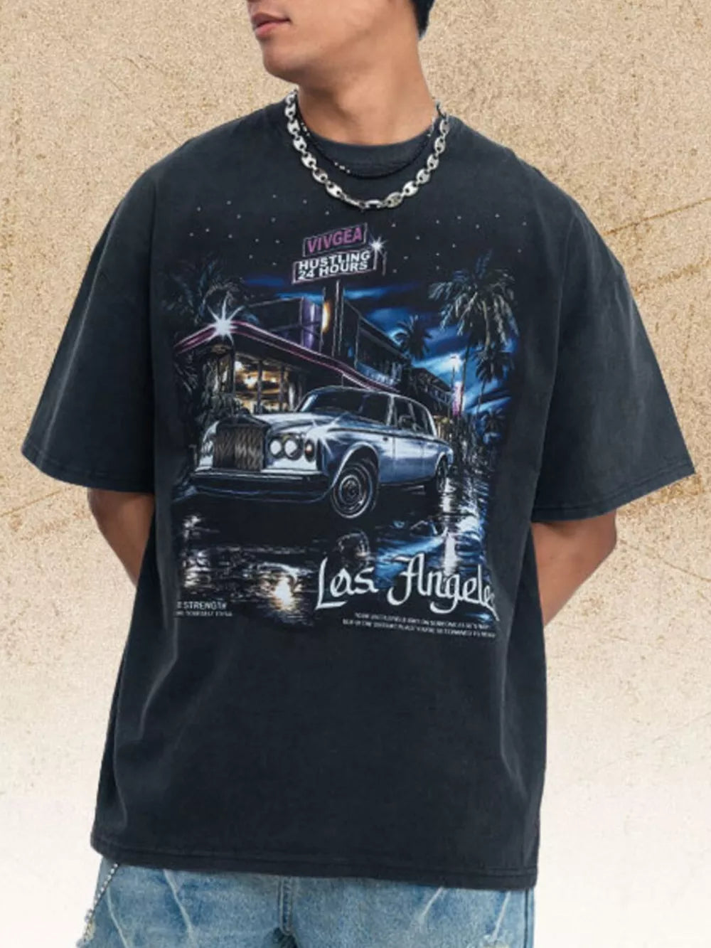 Black cotton graphic t-shirt with vintage Los Angeles car scene and neon sign.