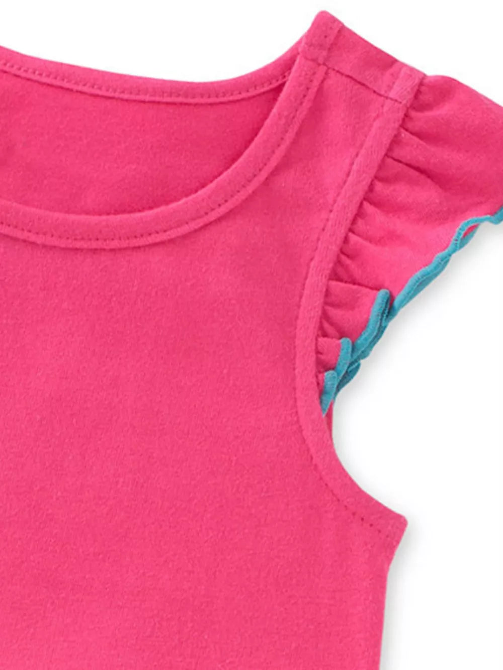 Toddler girls' pink cotton blend pajama top with ruffled cap sleeves and teal trim.